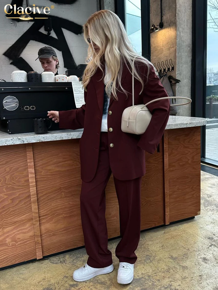 Clacive Fashion Loose Wine Red Office 2 Piece Sets Women Outfit 2025 Winter Long Sleeve Blazer With High Waist Pants Set Female