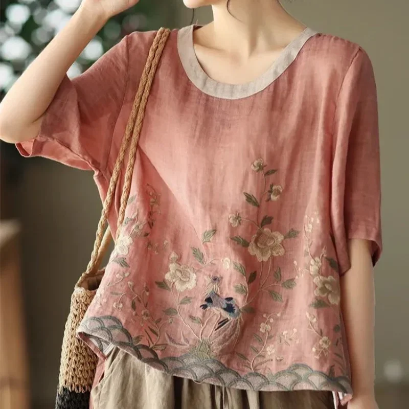 Cotton Linen Blouse Floral Print Womens Tops Spring Summer Literary Retro Embroidery Top Casual Contrast Round Neck Blouses