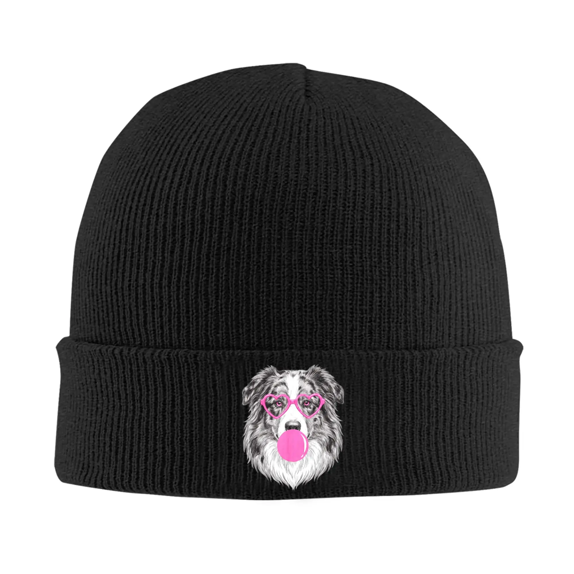 Australian Shepherd Bubble Gum Aussie Dog Sunglasses Bonnet Hats Beanie Hats Skullies Beanies Men Women Unisex Warm Soft Cap