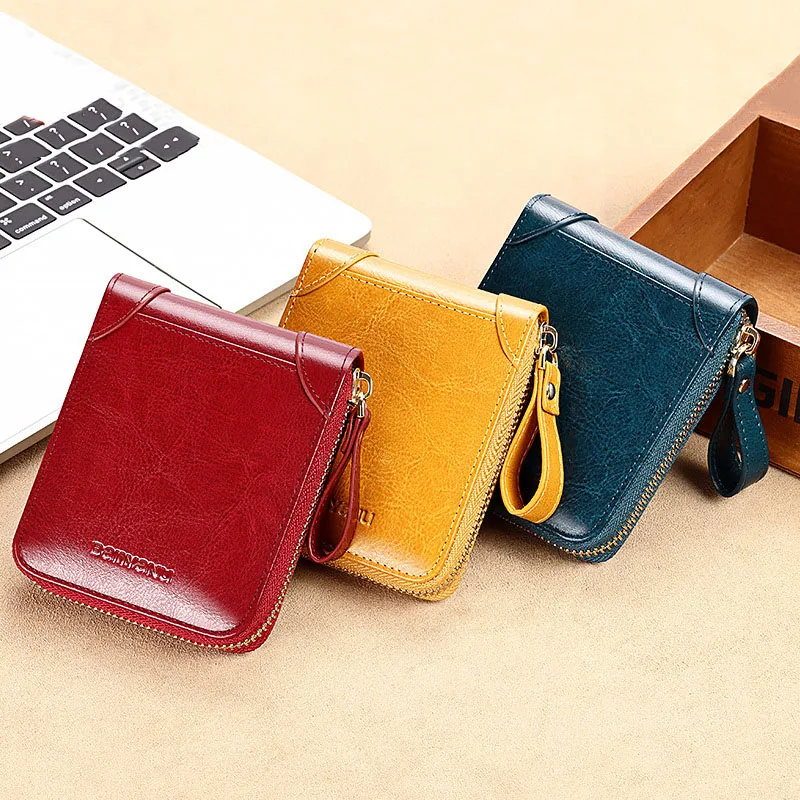 Zipper Wallets for Women Genuine Leather Zipper Purse Short Wallet Women Card Holder Yellow Wallet Blue Red Coin Purse Money Bag