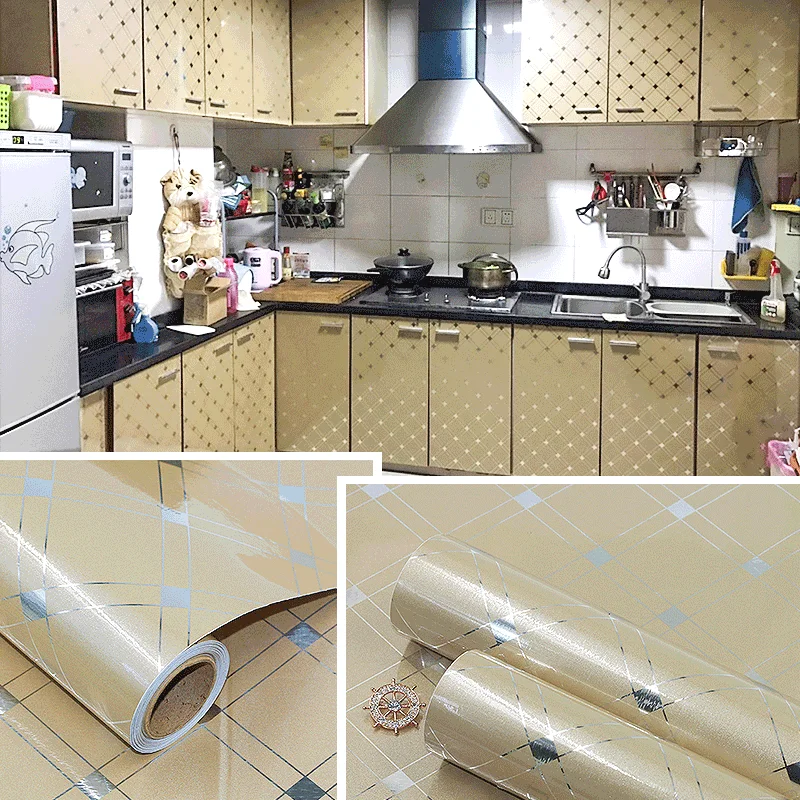 PVC Waterproof Champagne Wallpaper Self-Adhesive Kitchen Oil-Proof Wall Stickers Cabinet Table Countertop Fridge Renovation Film