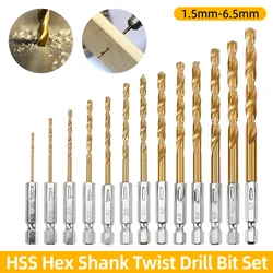 Twist Drill Bit Set 1/4” Hex Shank HSS Titanium Coated Drill Bits Wood Plastic Hole Opener 1.5-6.5mm Woodworking Power Tools