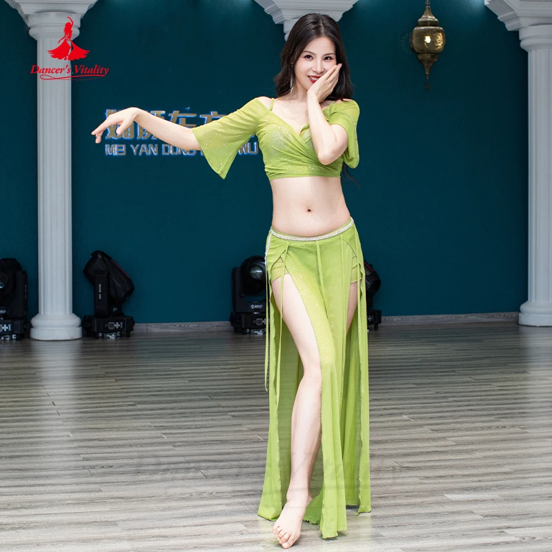 Belly Dance Suit Women Exotic Dancewear Oriental Short Sleeves Top+spalit Skirt 2pcs Training Costumes Adult Bellydance Outfit