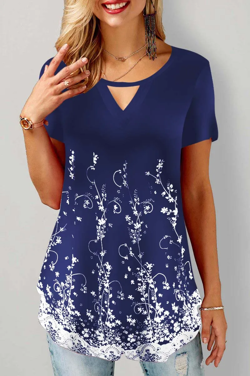 Plus Size Floral Print Hollow Out Short Sleeve T Shirt