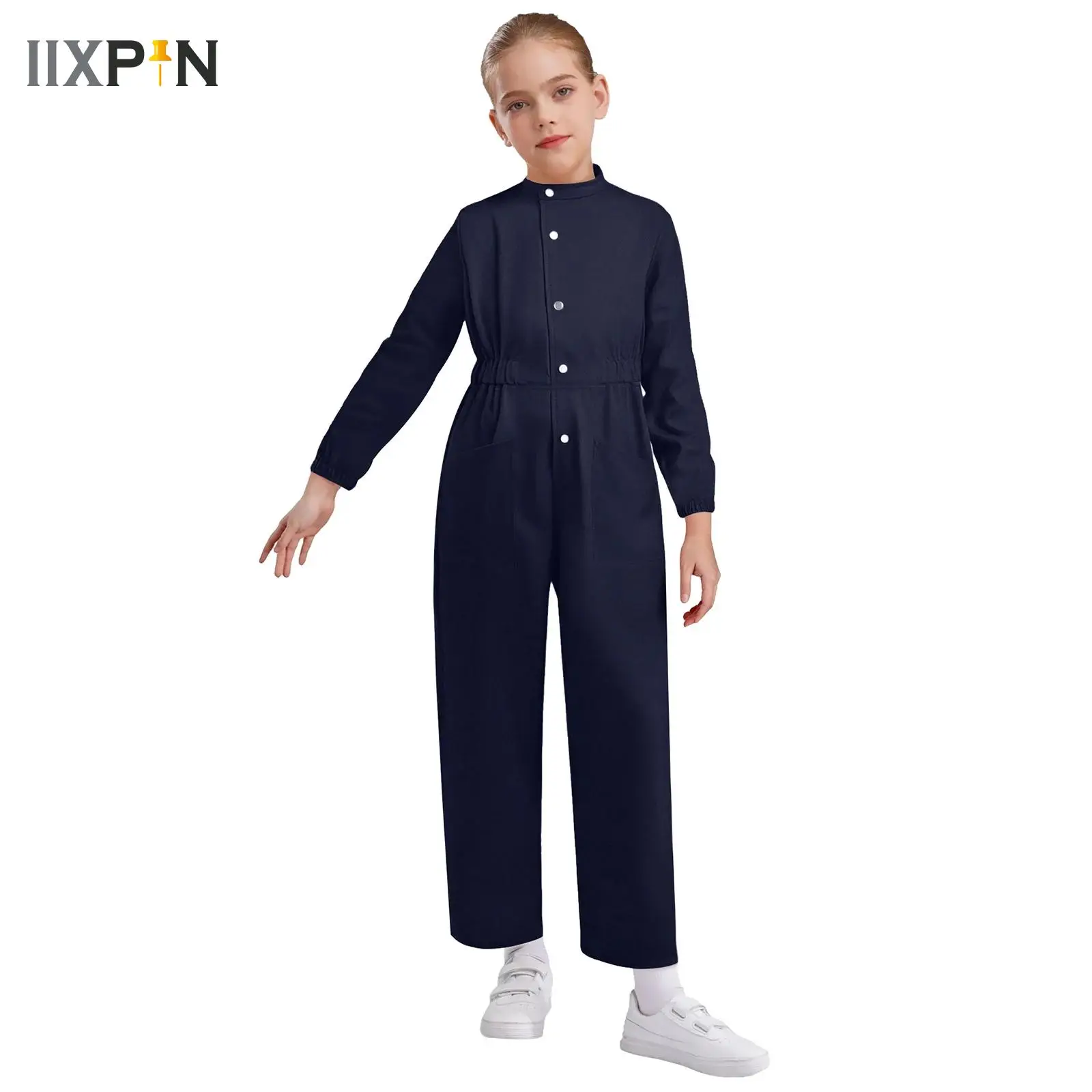 

Boys Girls Overalls Bodysuit Solid Color Long Sleeve Press Buttons Work Coveralls Jumpsuit Halloween Mechanic Flight Suit