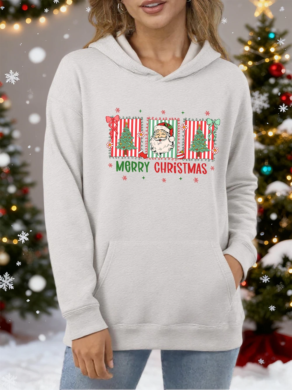 

Веселого Рождества Деревья Санта-Клауса Женские толстовки с принтом, универсальная осенняя уличная одежда, свободная толстовка, хлопковый женский пуловер с карманами