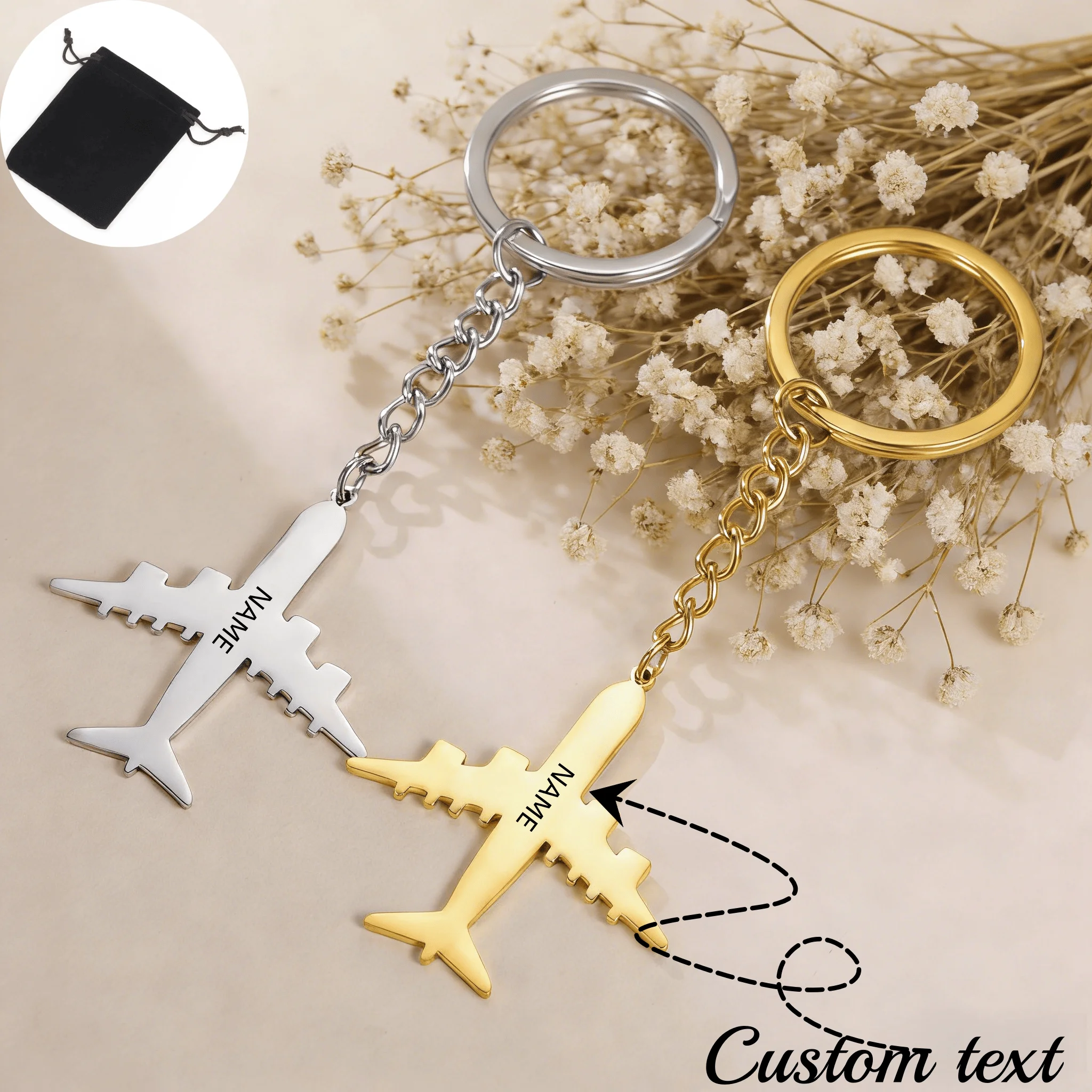 Personalisierter Flugzeug-Schlüsselanhänger mit Namensgravur aus Edelstahl, personalisierter Buchstaben-Schlüsselanhänger, Taschen- und Autoschlüssel-Dekorationszubehör