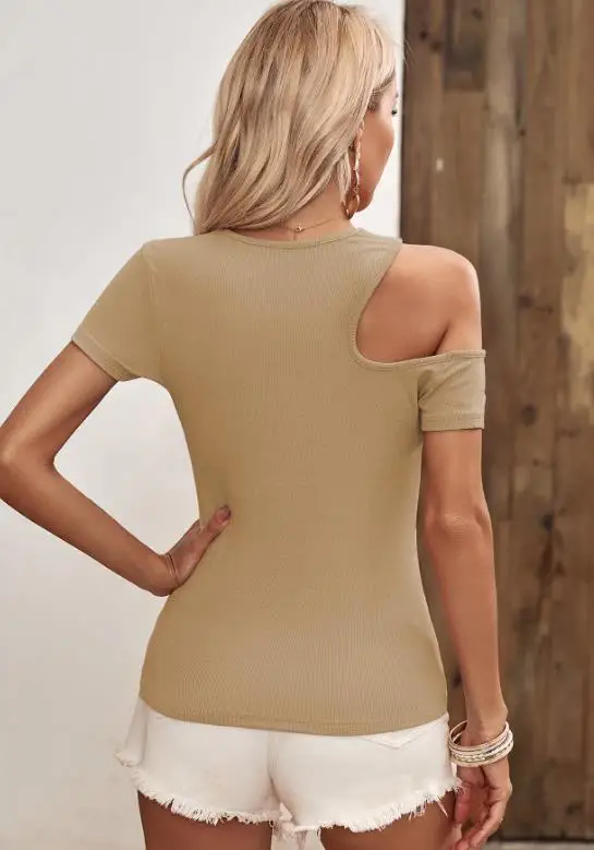 Women's T-Shirt Summer Fashionable New Trend Personalized Hollow Shoulder Design Round Neck Tight Short Sleeved Knitted T-Shirt