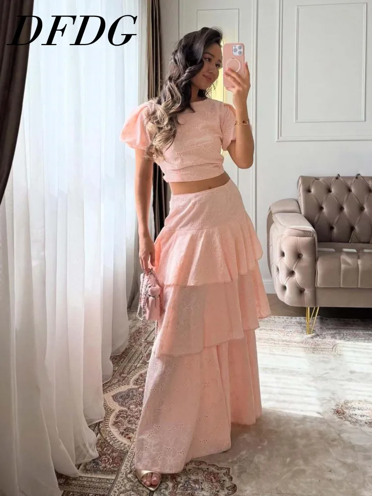 

DFDG Women 2026 Spring Summer Eyelet Embroidery Two Piece Outfit Puff Short Sleeve Crop Top High Waist Tiered Maxi Skirt Set