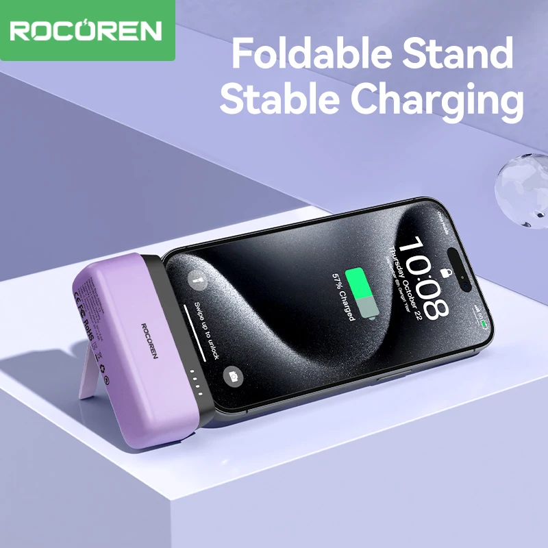 Rocoren Mini 4500mAh Power Bank With USB Type C Plug Powerbank Stand For iPhone 15 Pro Max Xiaomi Mi Portable External Battery