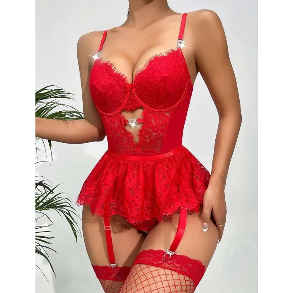 Sexy Underwire Bra Set Perspective Mesh Mini Skirt Lingerie Spaghetti Strap Nightdress Lace Bodysuit Women Sexy Costumes