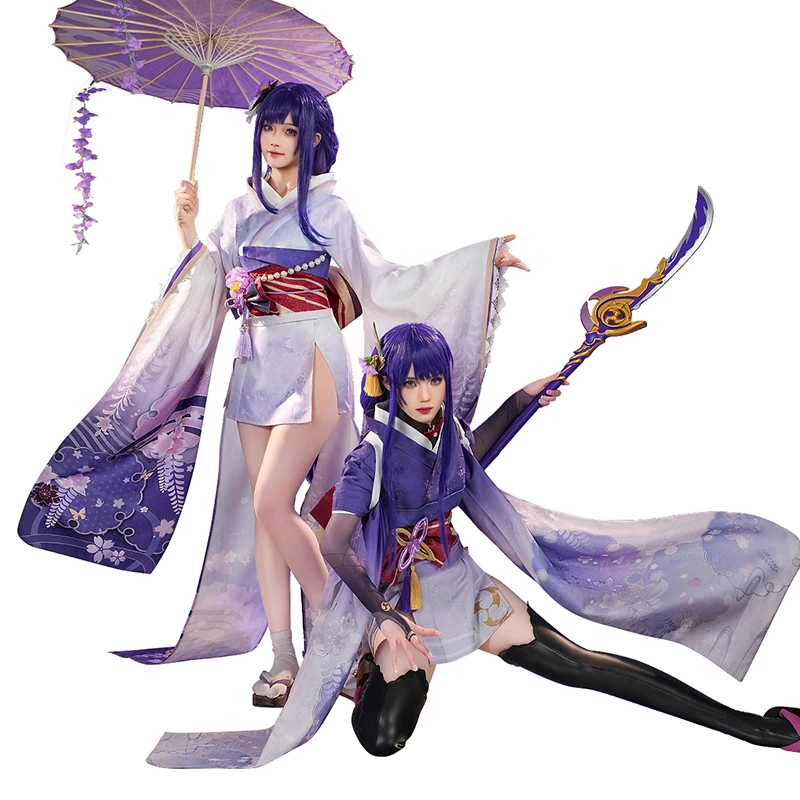 In stock! Raiden Makoto Raiden Ei Cosplay Inazuma City Raiden Sisters Genshin Impact Costume Purple Fine prints Kimono