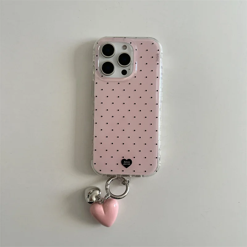 IND Doppelschichtige Handyhülle mit rosa Punkten und herzförmigem Design, inklusive rosa herzförmigem Anhänger, für iPhone 11 12 13 14 15 16 17 18 Pro Max – Detail 5