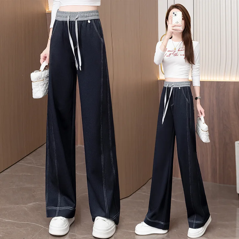 غير يتلاشى السراويل الدنيم المقاومة للتجاعيد مستقيم الساق للنساء، الخريف جديد الرباط مرونة عالية الخصر التخسيس ثنيات واسعة L #3