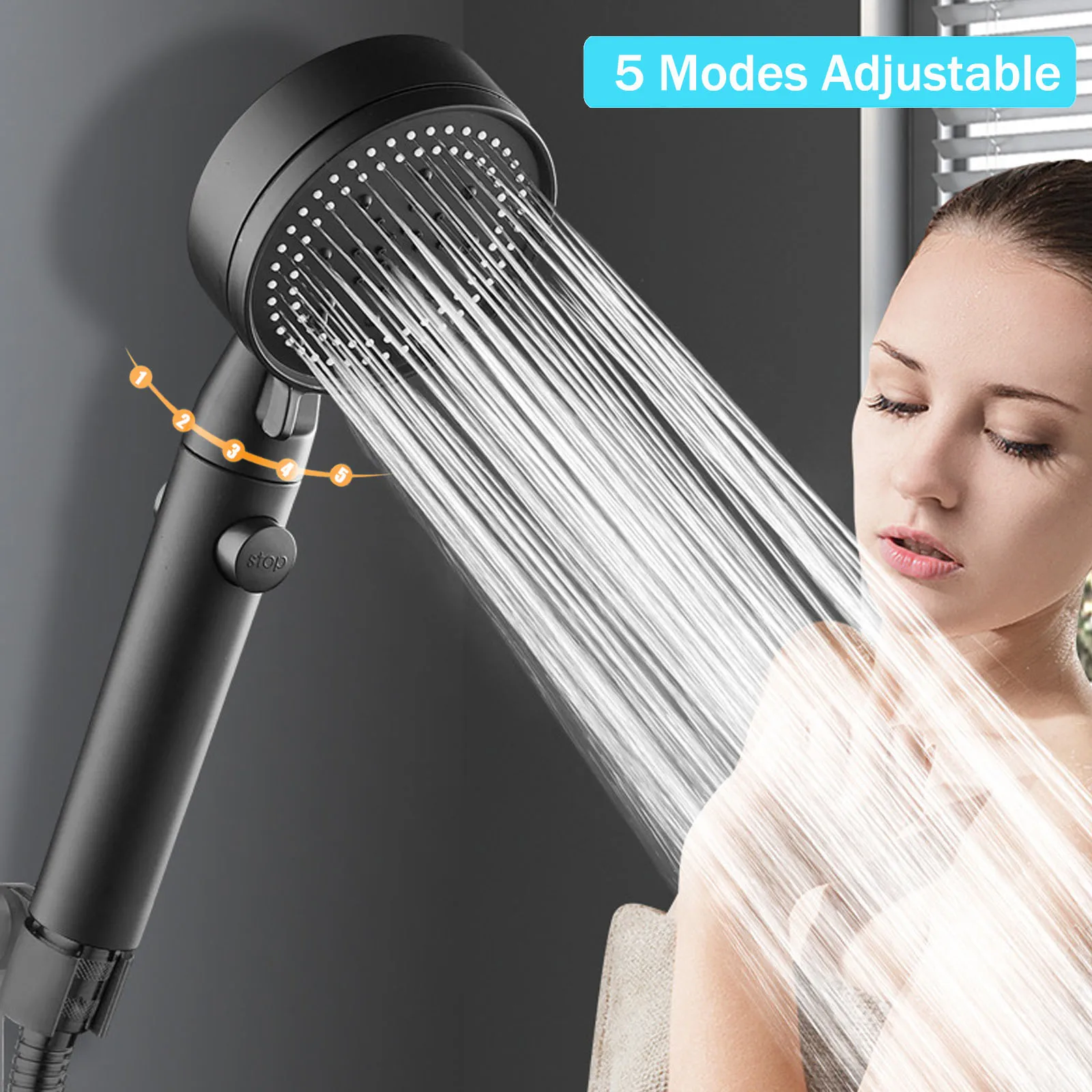 

Shower Head 5 Modes Adjustable High Pressure Water Saving Shower One-key Stop Water Massage Shower Head for Bathroom Accessories