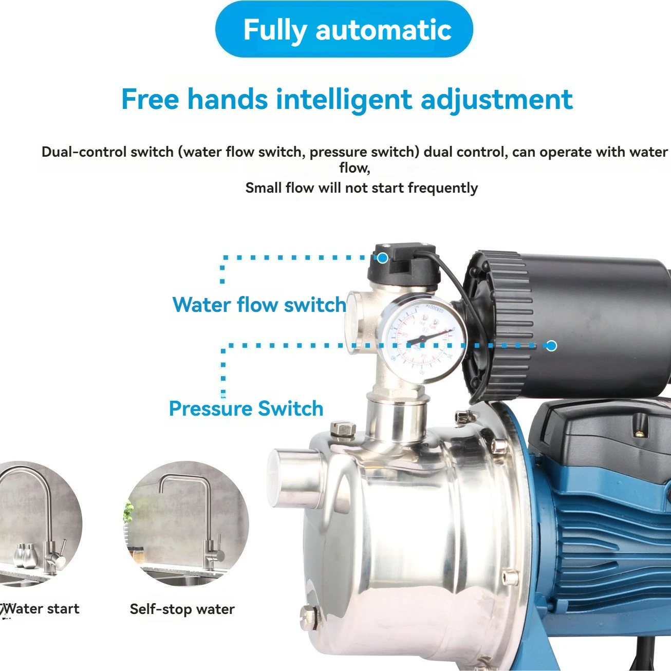 750W Intelligent Automatic Household Tap Water Pipeline High Pressure Solar 304 Stainless Steel Water Pump Booster