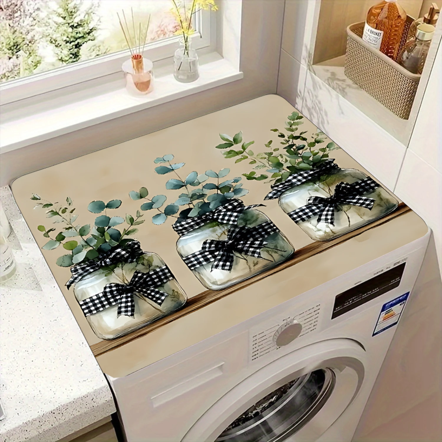 

Washing Machine Cover Beige Jar And Eucalyptus Print For Laundry Room,
