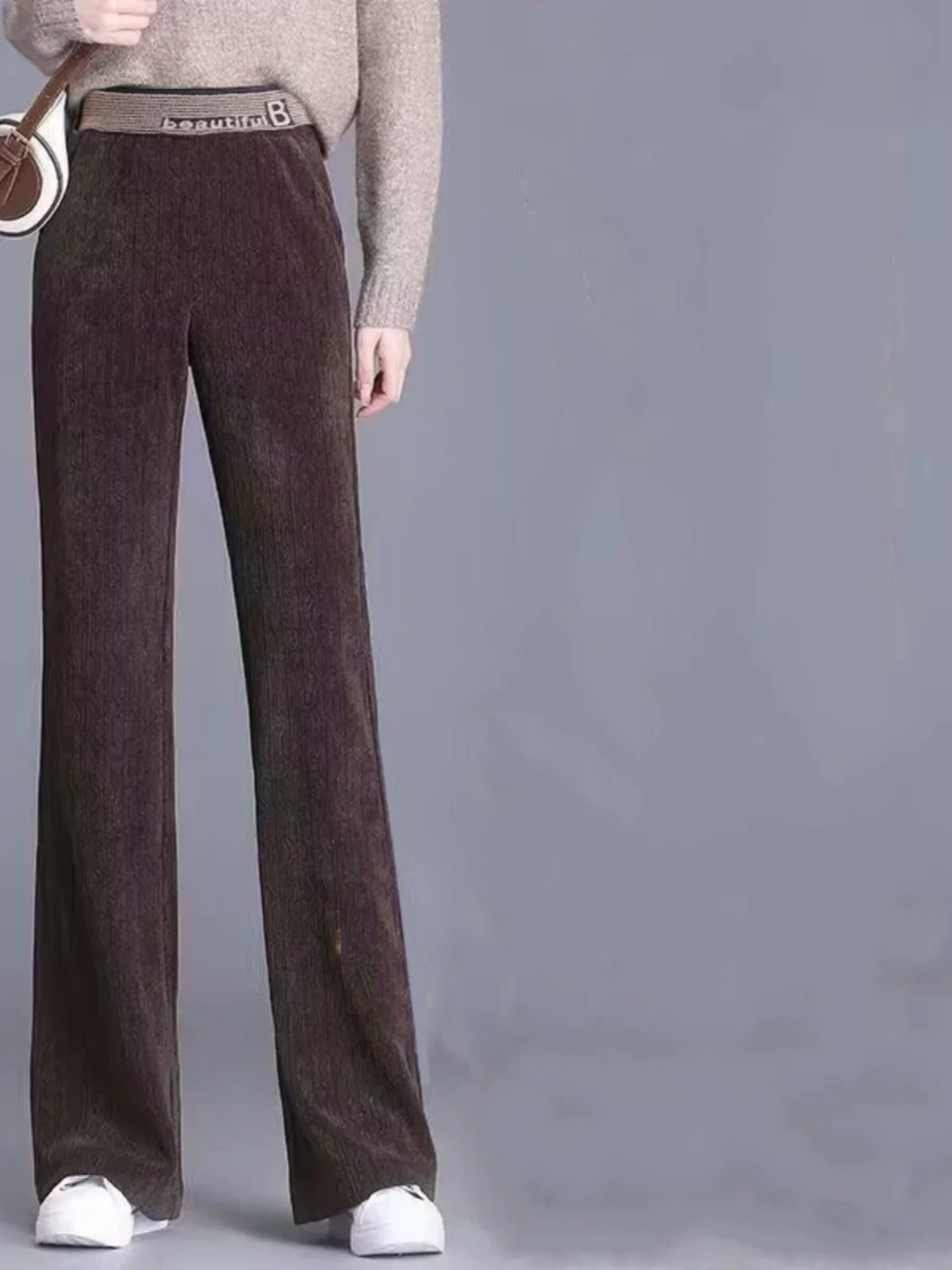 하이웨이스트 벨벳 와이드 레그 팬츠 여성용 가을 겨울 신상 슬리 드레이프 안감 있는 캐주얼 바지 한국 스타일