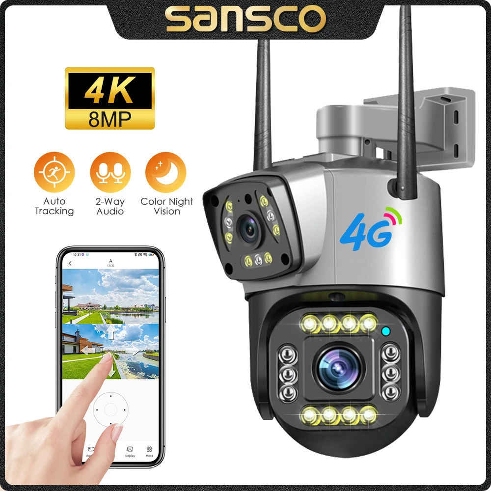 SANSCO 4K 8MP Dual Lens 4G PTZ Camera Dual Screen AI Human Detection Outdoor 2K WIFI Surveillance IP Camera V380 PRO