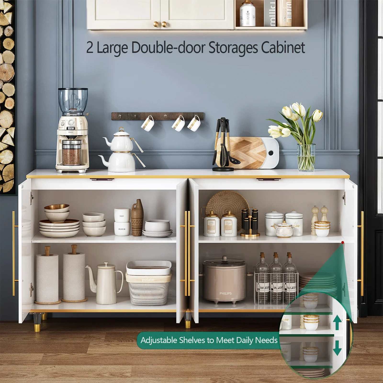 خزانة بوفيه مقاس 63 بوصة مع مساحة تخزين، وخزانة جانبية عالية اللمعان مع أرفف وأبواب قابلة للتعديل، وطاولة وحدة تحكم للتخزين