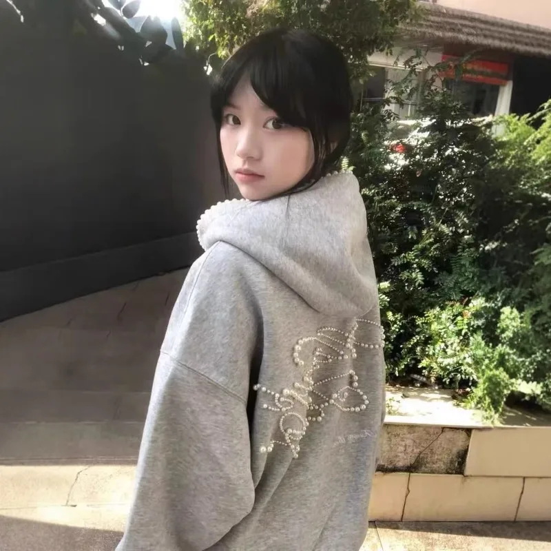 2026 New Korean Style Pearl Decorative Casual Hoodie for Women Autumn Winter Fashion Harajuku Loose Zipper Hooded Sweatshirt