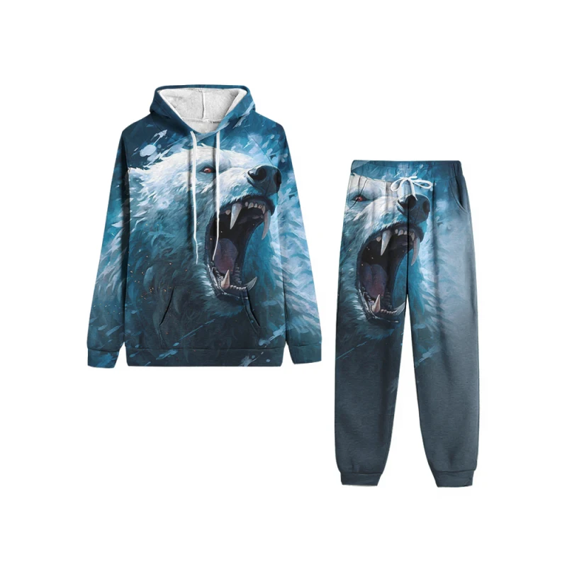 

3D Bear Print Suit Sweatshirt and Jogging Pants Autumn and Winter Comfortable Fitness Sports Hooded Men Long Sleeve Hooded Suit