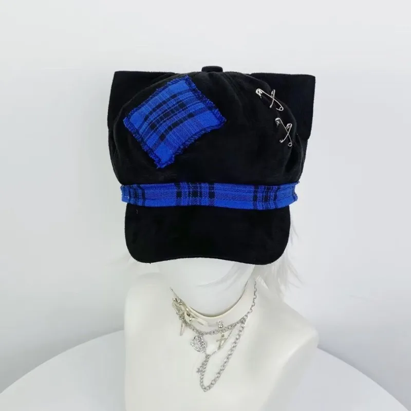 

New Y2k Lolita Subculture Plaids Stitches Cat Ear Hats Harajuku Sweet Girl All Match Beret Caps Punk Hottie COS Hat