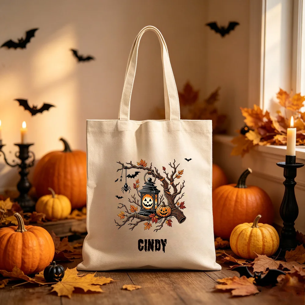 Fashion Custom Name Cute Witch Girl Canvas Tote Bag, Personalized Print Reusable Trick‑or‑Treat Bag Kids Halloween Party Gift.