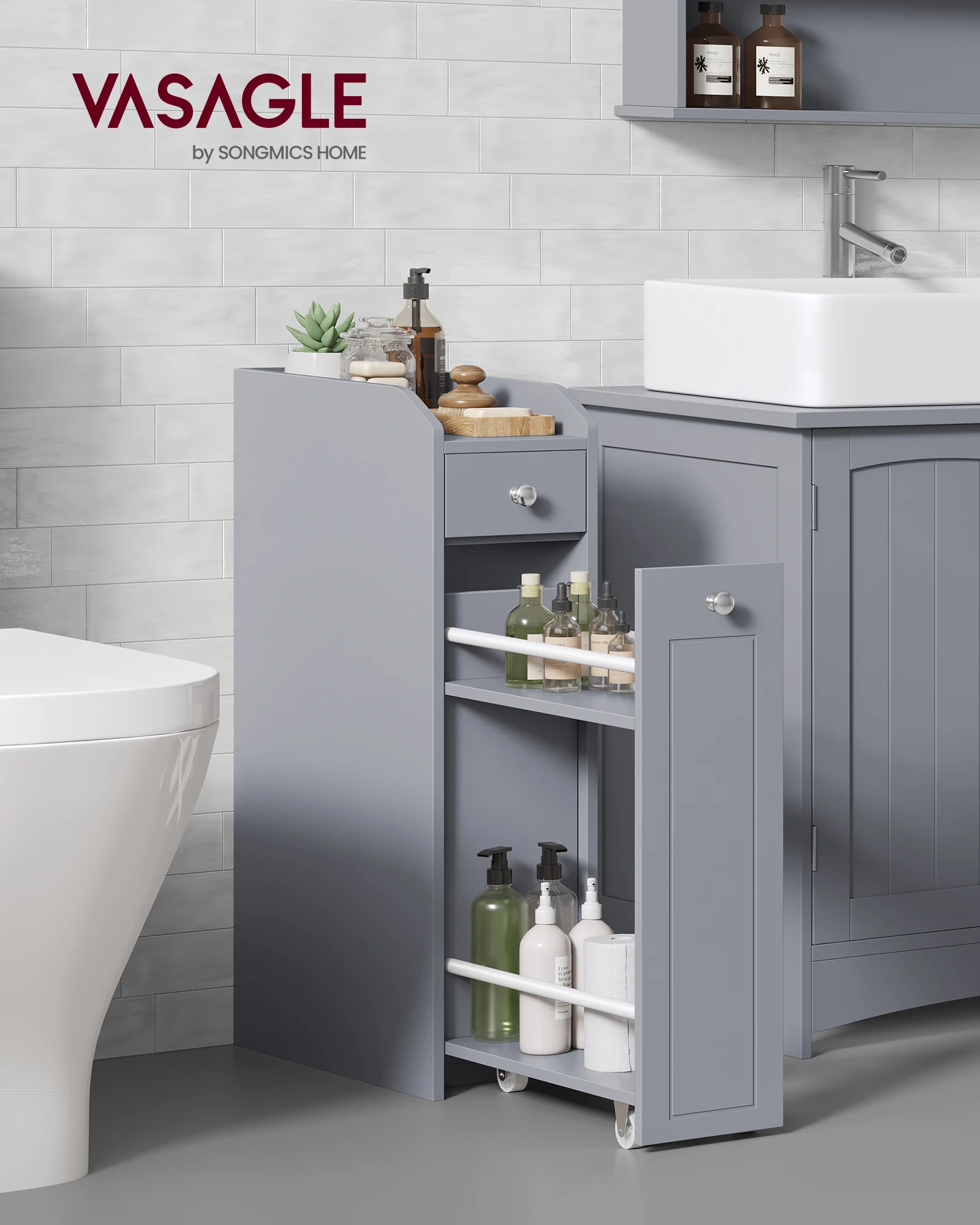 VASAGLE Small Bathroom Cabinet, Slim Bathroom Storage Unit, Bathroom Organiser, Freestanding Toilet Paper Storage Cabinet