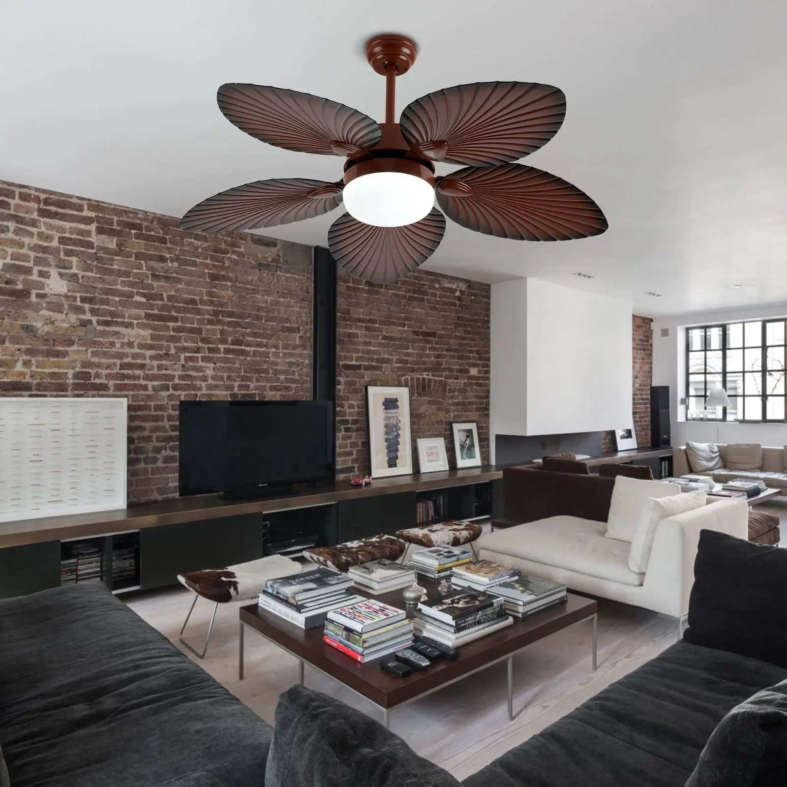 52" Tropical Ceiling Fan Five Palm Leaf Blades with Remote Control Coffee Brown for Patio Living Room