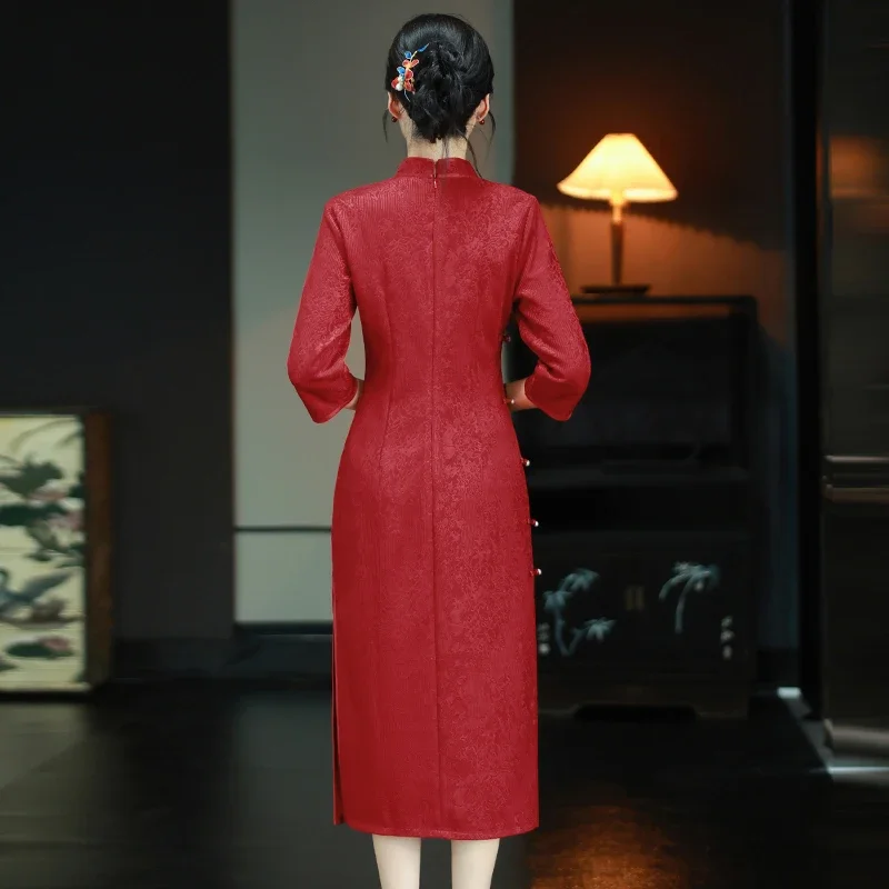Wedding Guest Dress Elegant Banquet Evening Gown 2026 New Red Qipao Dress Long Sleeve Modified Cheongsam