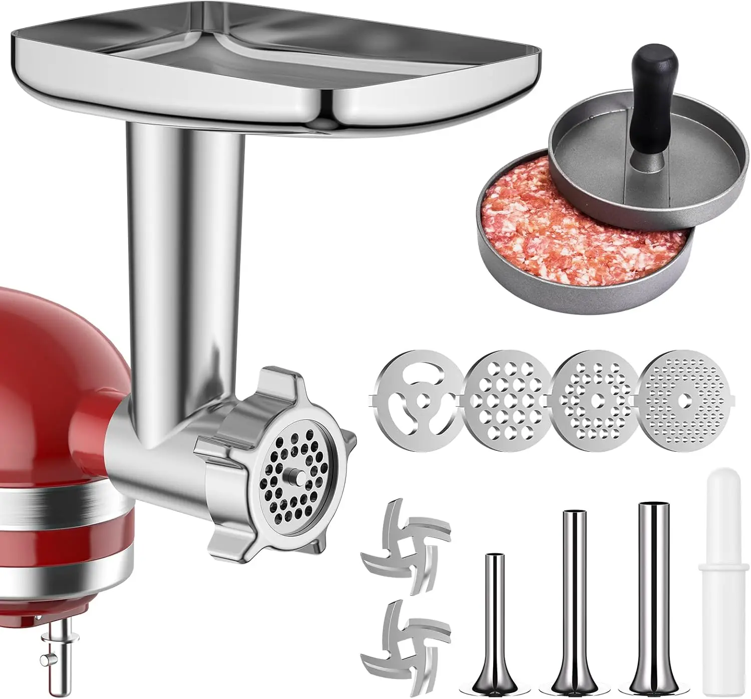 

Stainless Steel Meat Grinder & Sausage Stuffer Attachment for Stand Mixers, 4 Trays Included