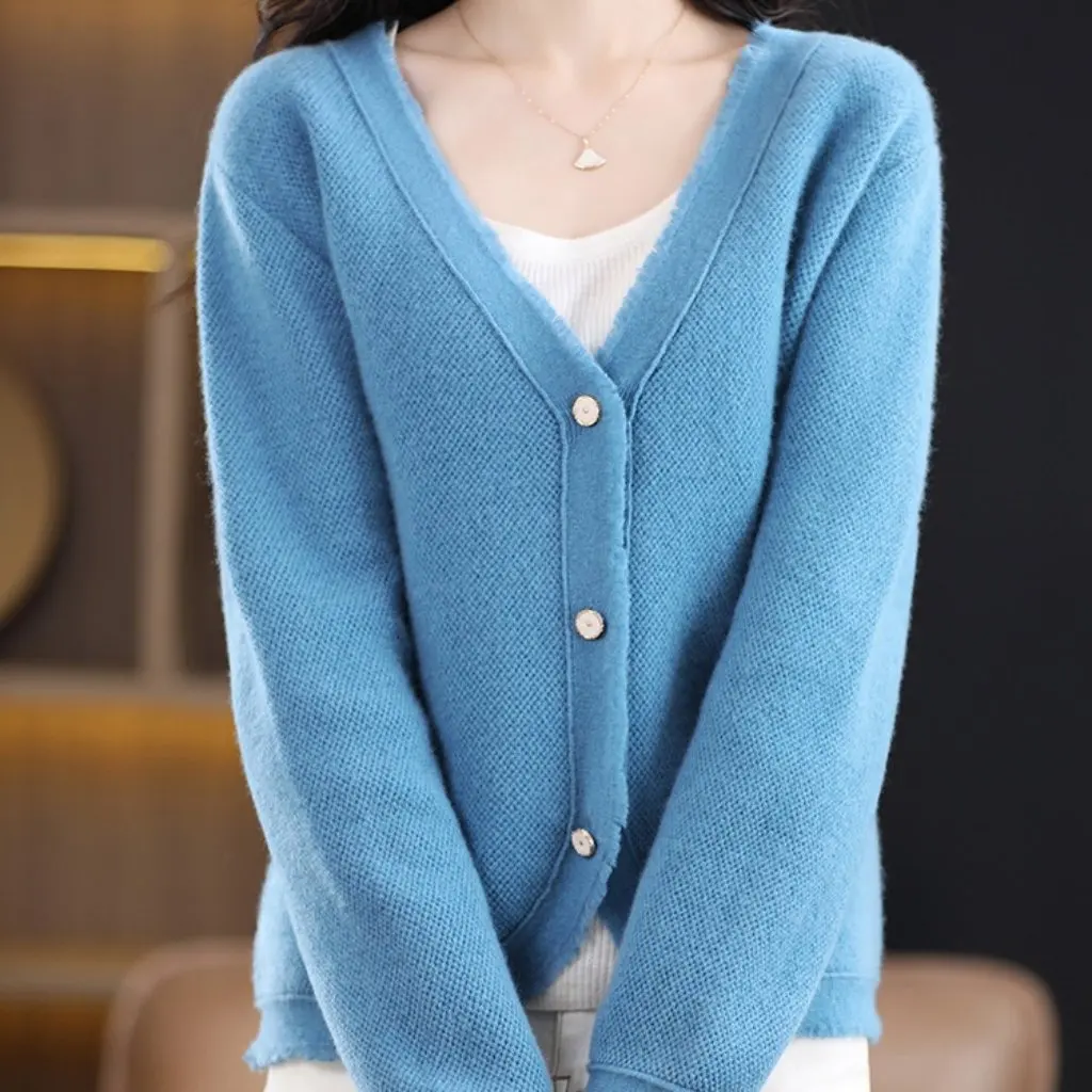 

Women's Pure Wool Knitted Cardigan Beige V-neck Sweater Jacket Loose Short Style Spring New Arrival