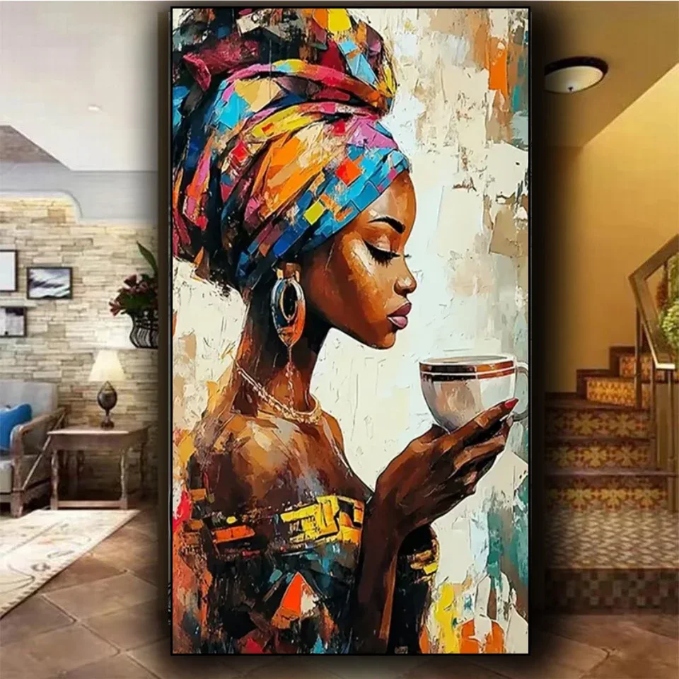 

African Woman Diy Diamond Painting Kit for Adults, Lady Theme Acrylic Full Drill Diamond Art Home Decor Party Gift Idea