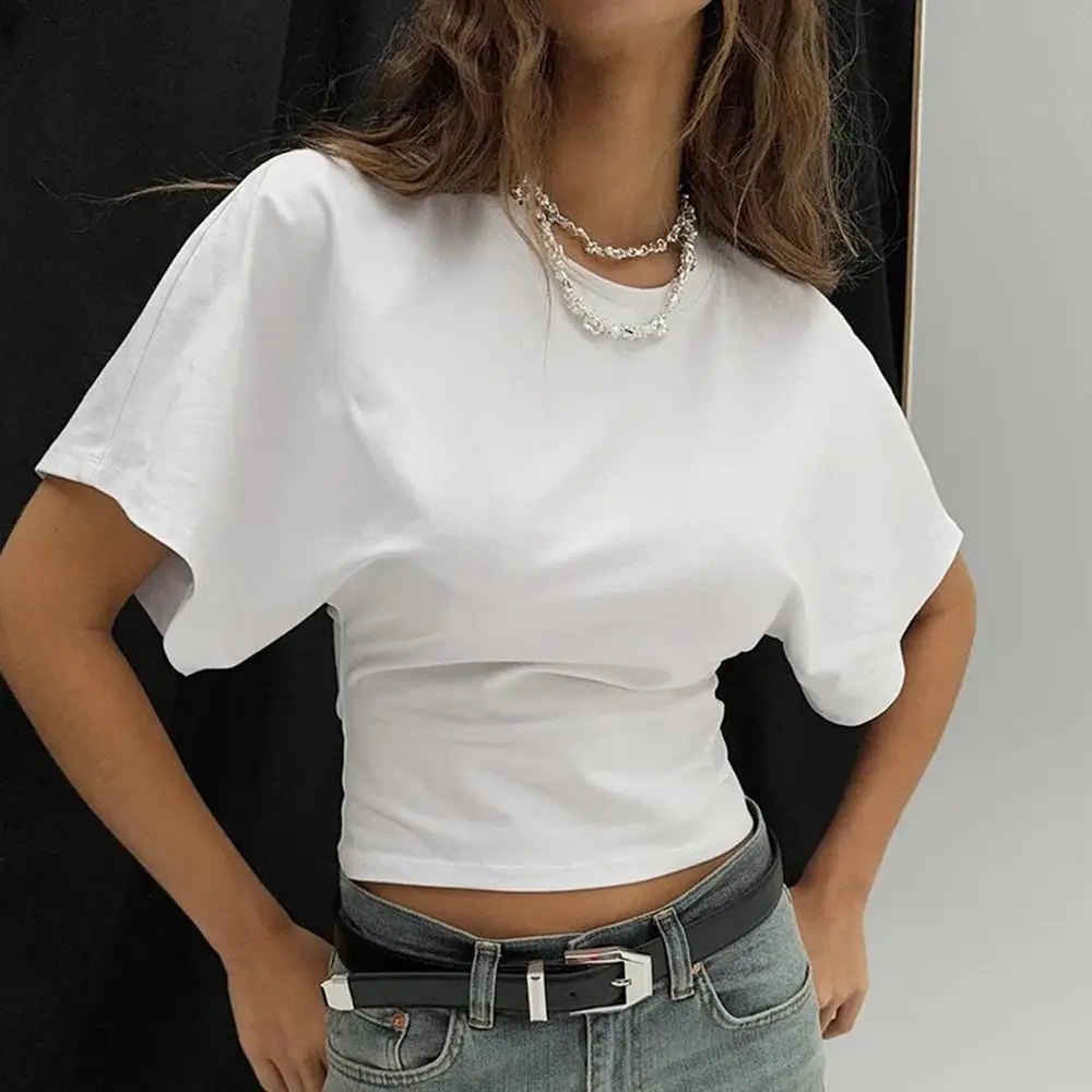 

Fashion Elastic Cropped T-shirt O-neck Fashion Slim Fit Holiday Beach Top Solid Color Ruched Crop Short Sleeve T-shirt