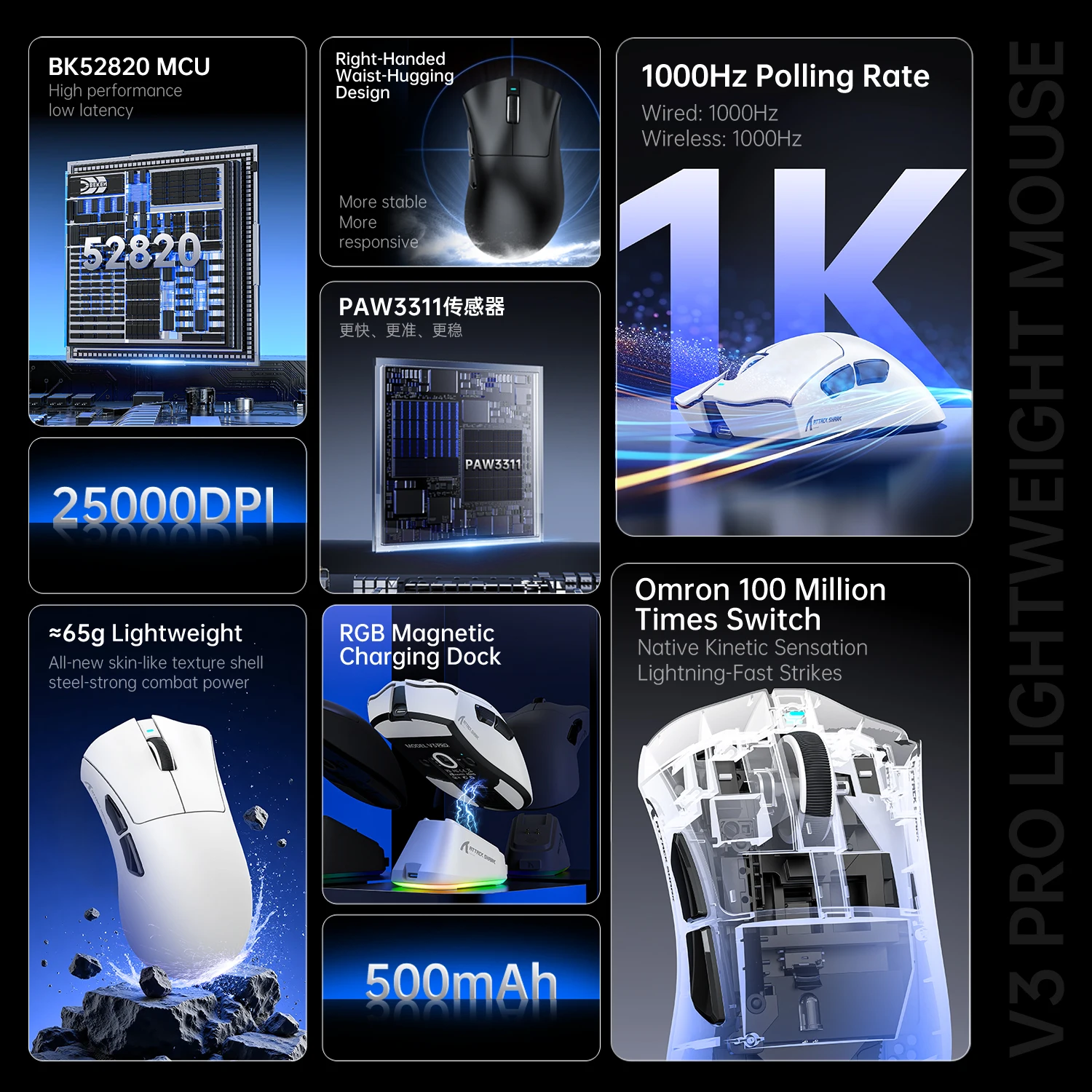 V3Pro ATTACK SHARK Wireless Gaming Mouse PAW3311 Sensor 500mAh Battery Omron Switch RGB Magnetic Charging Base 1K Polling Rate