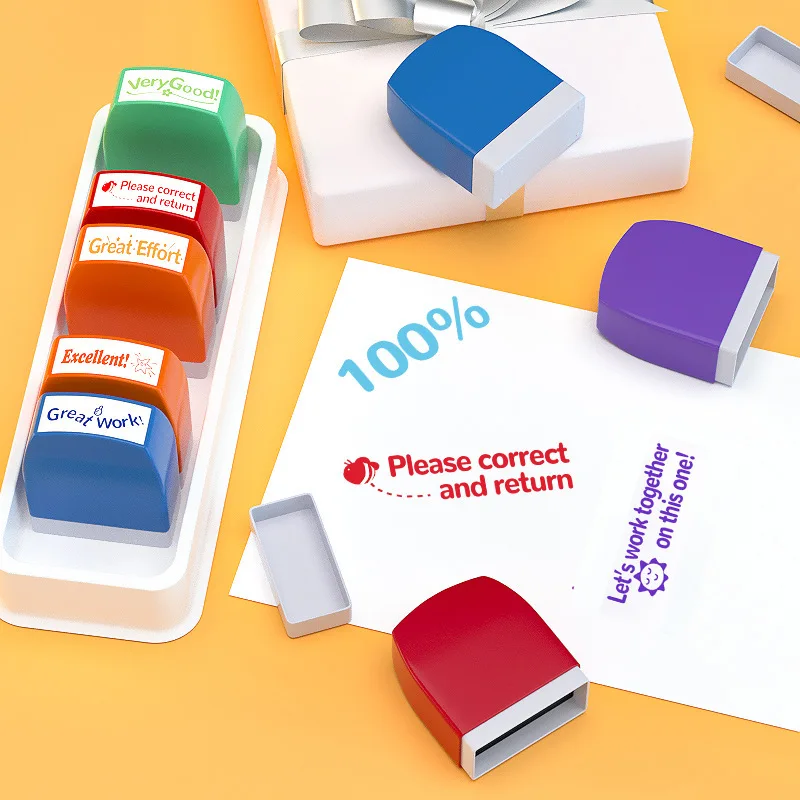8-Piece Color Teacher's Review Seal Automatic inking stamps for classroom Teacher Fun Personalized teacher stamps
