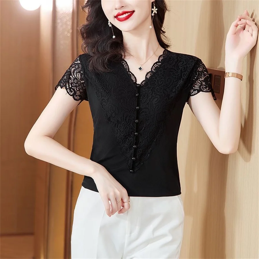 Women Summer Style Lace Blouses Shirts Lady Casual Short Sleeve V-Neck Lace Patchwork Blusas Tops DF4899