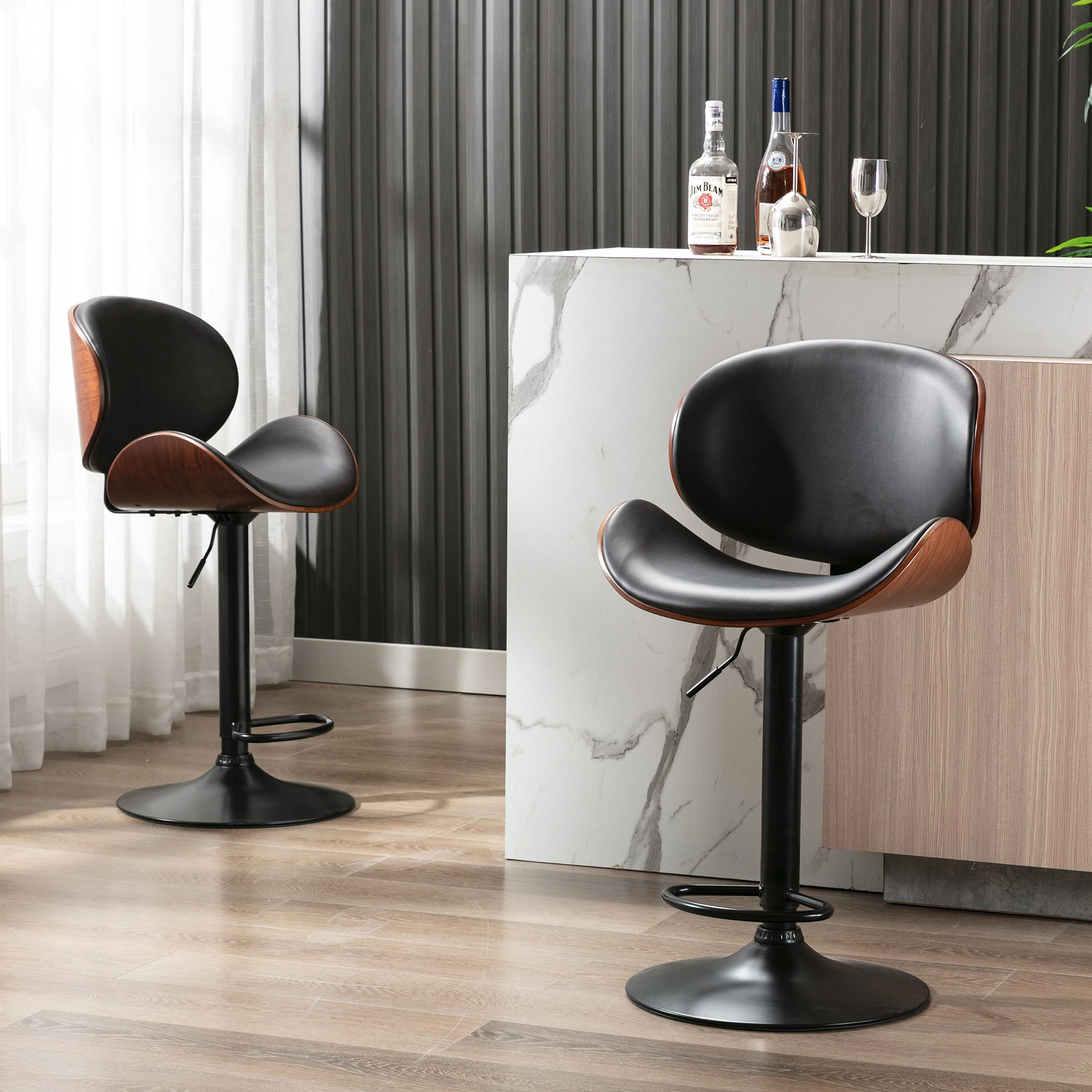 ชุด2ปรับเก้าอี้สตูล,ปรับความสูงโค้งบาร์สตูล,เบาะหมุนได้ Barstool,ผสมสี PU หนัง Barstools