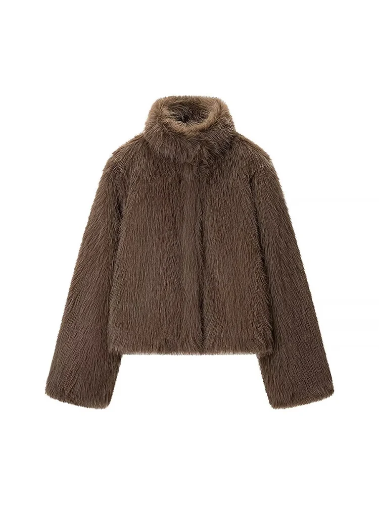 

New European-style women's fashion jacket, versatile and elegant, featuring a solid color and a stand-up collar with faux fur tr