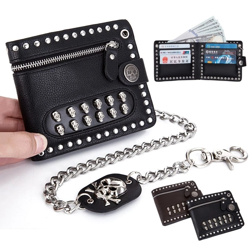 

Retro Skull Rivets Men‘s PU Leather Wallet Punk Metal Chain Wallet Zipper Clutch Wallet Money Clip Folded Purse