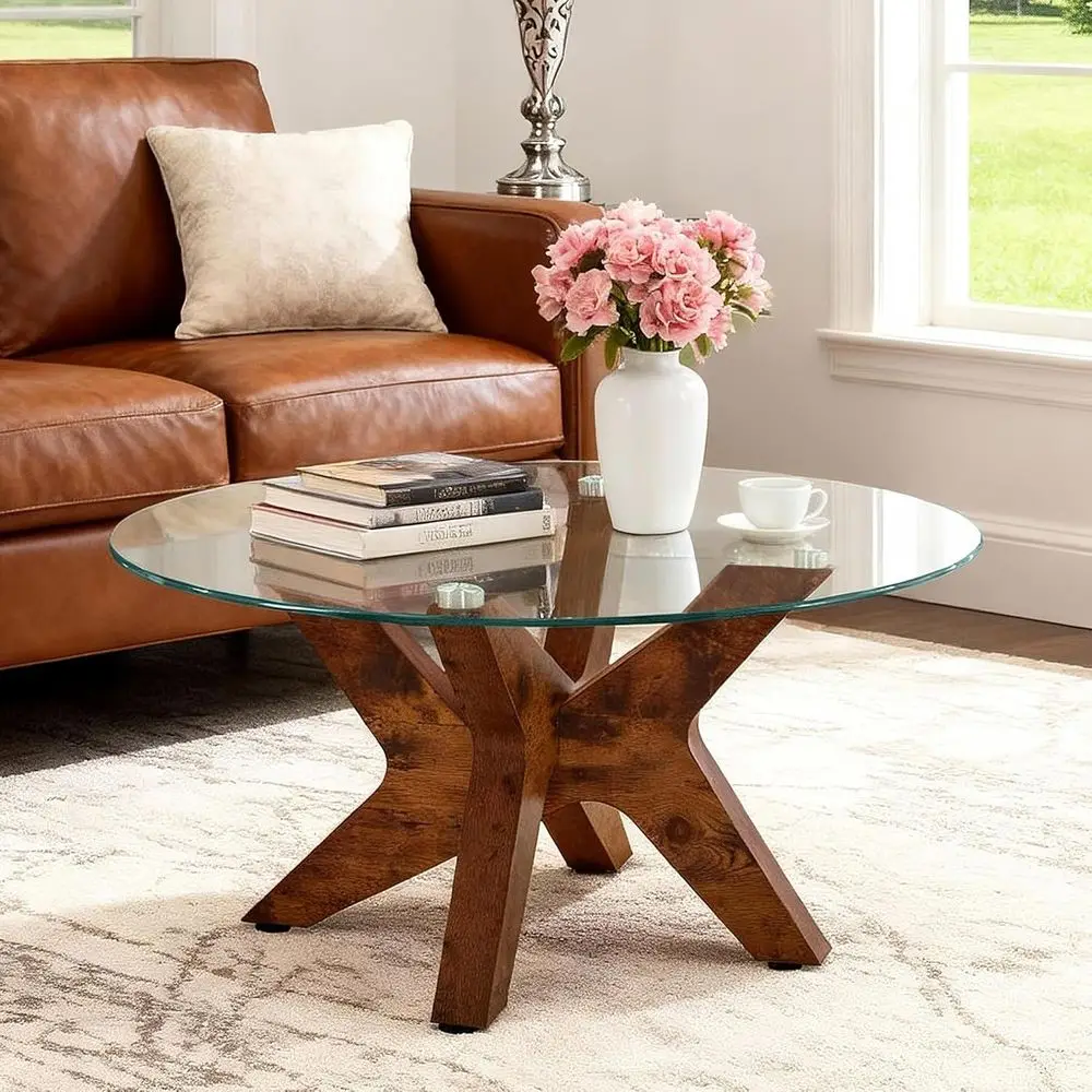 

Round Glass Coee Table, 31.5" ern Center Table with Tempered Glass and MD Legs or Living Room, Oice, Tree (Rustic Brown)