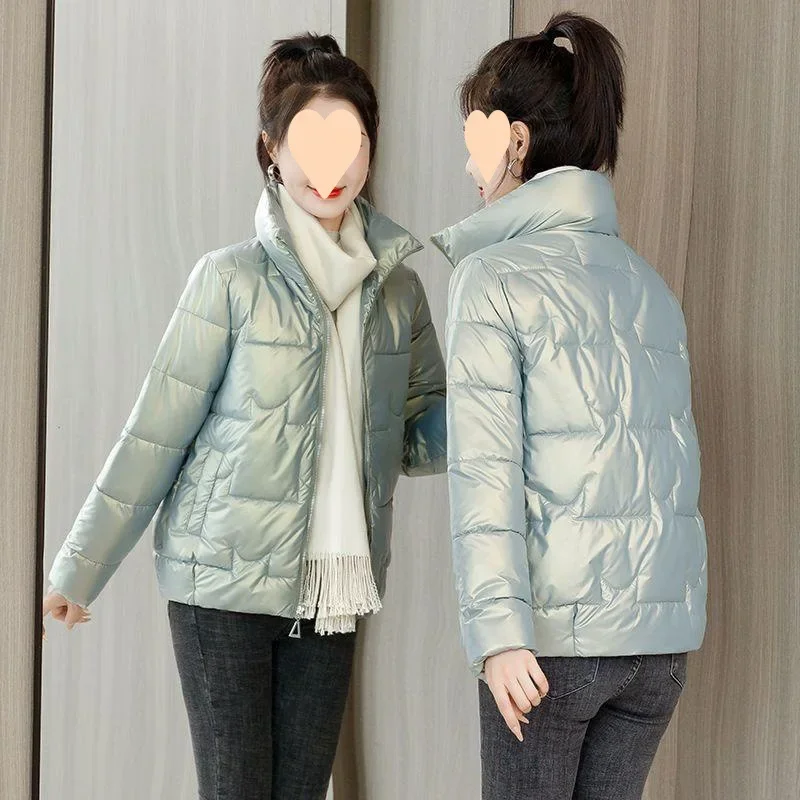 Winter Women Jacket 2025 Fashion Glossy Cotton Jacket Solid Stand Collar  Loose Short Spliced Pockets Warm Casual Women Clothing