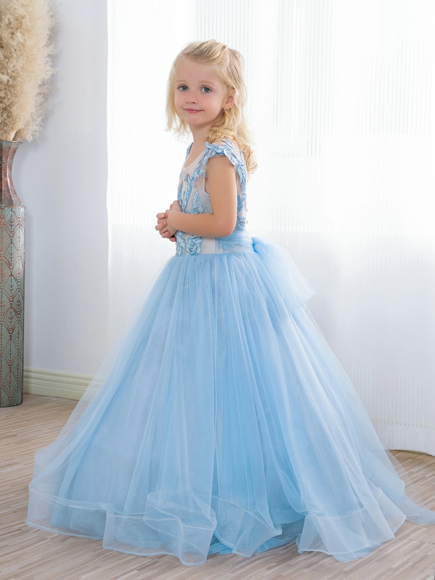 BABYONLINE-vestidos de Hada Azul claro para niña, Apliques de encaje para fiesta de boda, dama de honor, línea A, vestido de princesa, falda de tul