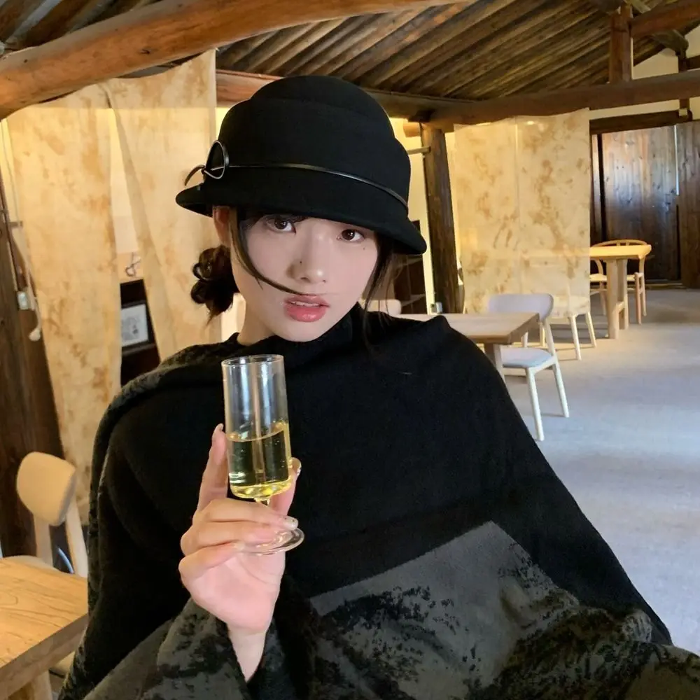Elegant Bow Hepburn Style Topper Hat Camellia Flower French Style Woolen Bucket Hat Elegant Pure Color Women Formal hat Girl