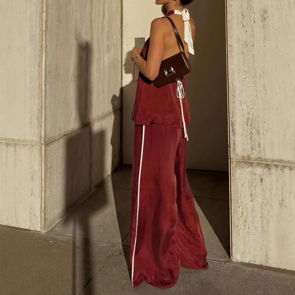 ملابس نسائية جديدة بدون أكمام رقبة مستديرة بلون سادة سراويل واسعة الساق مزاجه ركاب بدلة على الموضة بنطلون رقبة حمراء #4