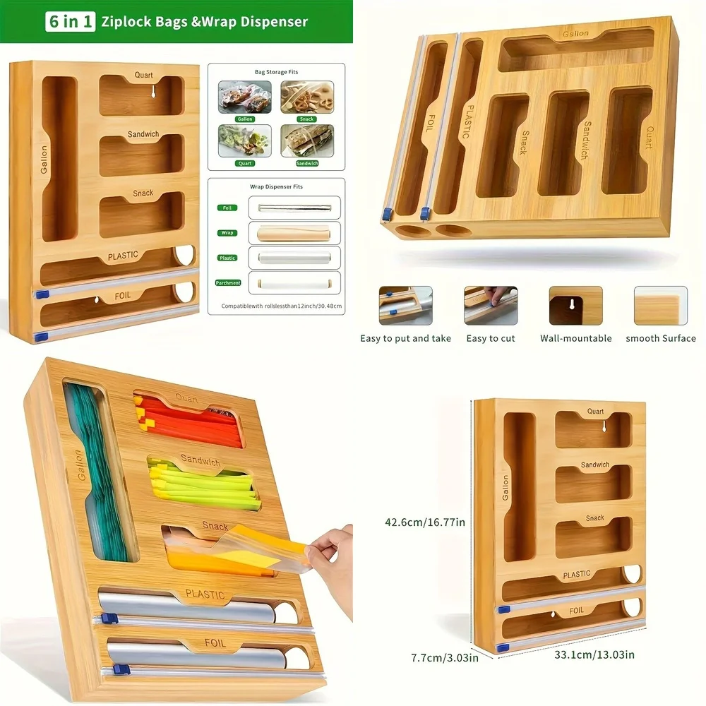 

Bamboo Plastic Wrap Dispenser Cutter Storage Box Kitchen Organizer for Cling Film Foil Wrap Food Container Holder Eco Friendly