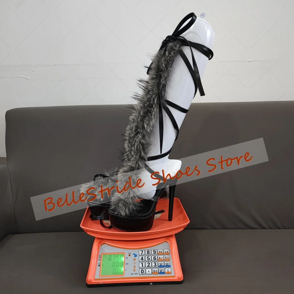 

Black Fur Decor Cross Tied Sandals Platform Open Toe Women Shoes Thin High Heels Party Banquet Dating 2025 Zapatos Para Mujere