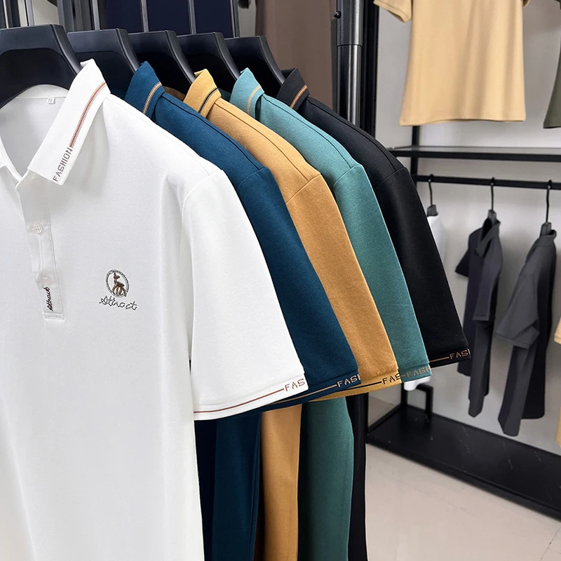 Men's White Polo Shirt Embroidered Logo Short Sleeve Fashion Casual Summer T-shirt Cotton Blend Breathable Top