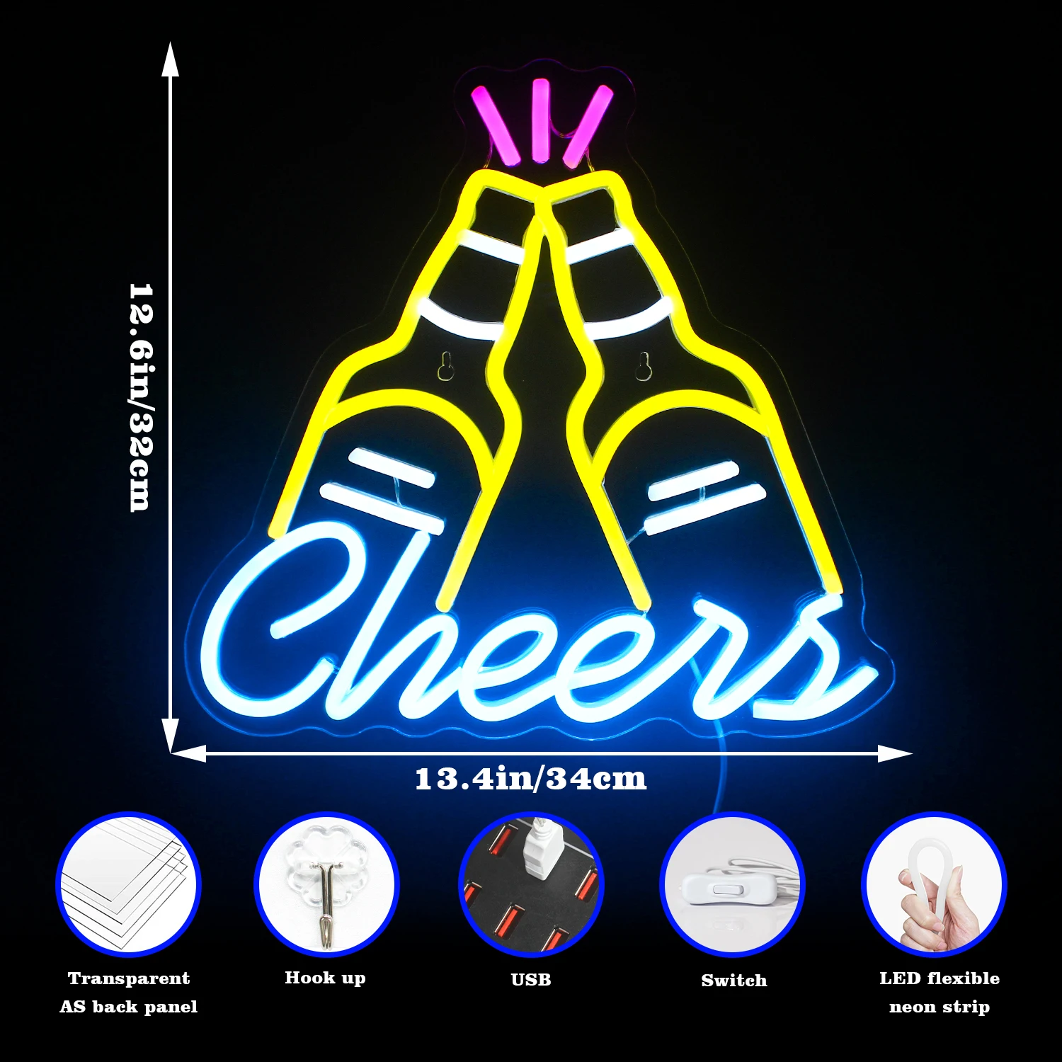 Bar Cheers Neon Sign Bar Restaurant Store Wall Decor Neon Light Custom Personalized Beer Bottle Led Sign Acrylic USB Neon